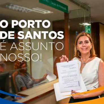 Deputada Rosana Valle segurando uma documentação e a frase "O Porto de Santos é nosso!"